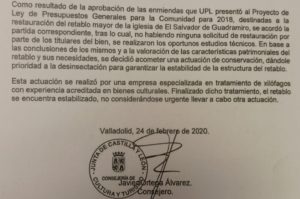 La Junta descarta invertir todo lo presupuestado para el retablo de Guadramiro